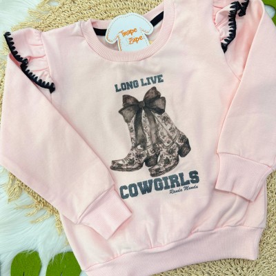 Conj. Blusão de Moletom Cowgirls e Short de Veludo com Laço - Rosa e Preto